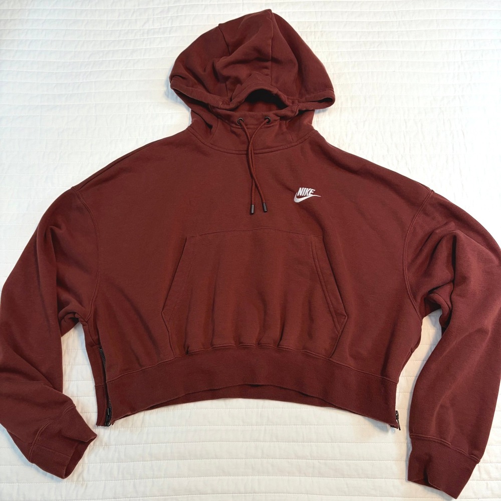 Nike Womens Sportswear Burgundy Cropped Side Zip Fleece Hoodie size Large